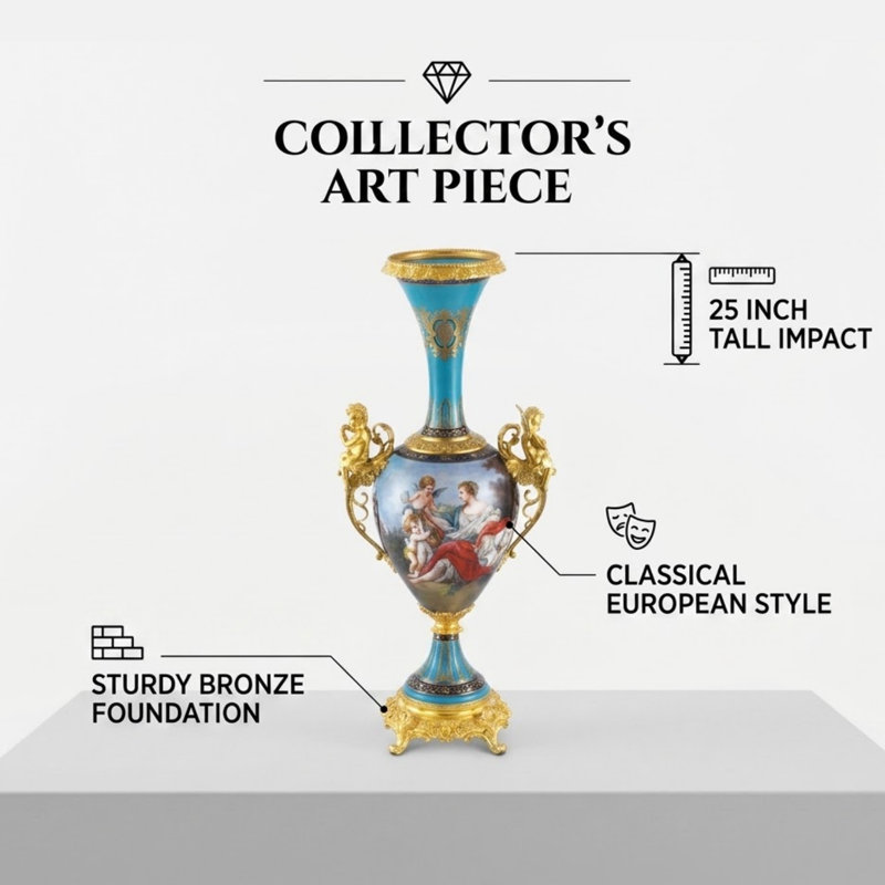 Elegant Ornate Bronze and Teal Porcelain Vase with Rococo Cherub Handles for Living Spaces, Bedroom