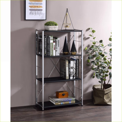 Bookshelf | 4-Tier Sleek Contemporary Open Bookcase | Stable Metal Frame | Space Saving | Black,Chrome | Metal,Synthetic Wood