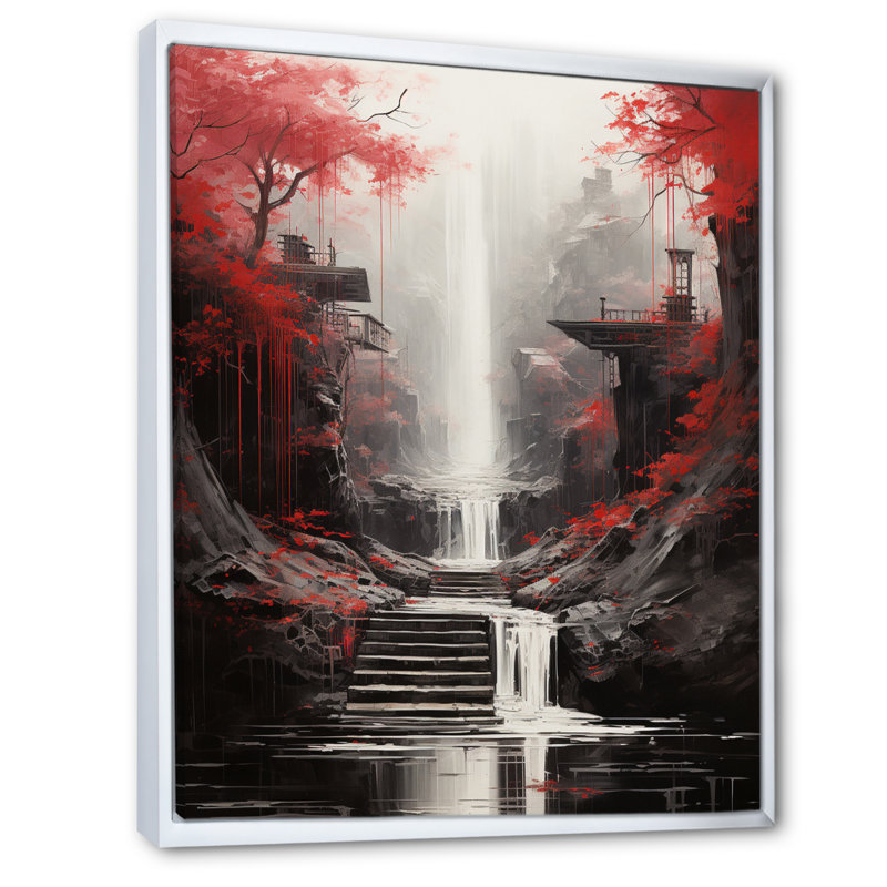 «Red Tree Endless Waterfall Journey», art sur toile, Cadre flottant blanc, H 32 po x l 24 po x P 1 po