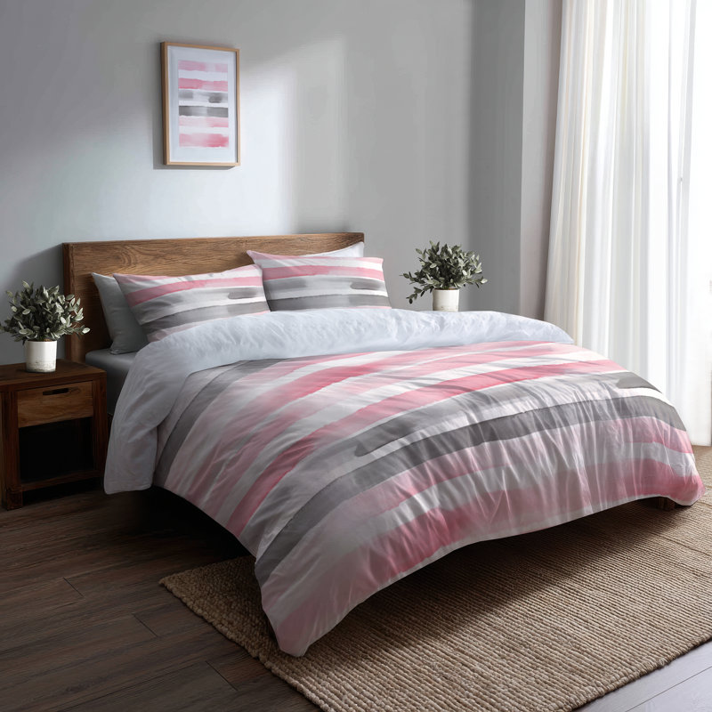 Ensemble d'édredon moderne 6 pièces - Ensemble de literie à rayures rose et gris Whisper Stripes