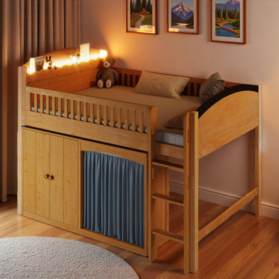 Lit mezzanine avec armoire de rangement, armoire avec rideau en tissu, design à DEL et escalier