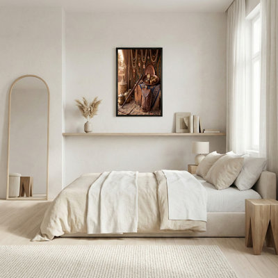 Art rétro sur toile, boussole et sac en cuir