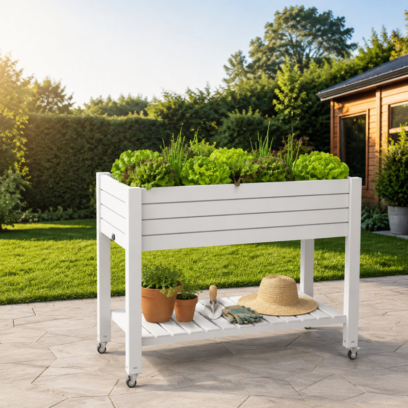 Lit de jardin mobile surélevé surélevé avec roues, boîte à fleurs en résine 21 gallons avec réservoir d'eau intégré et tablette inférieure