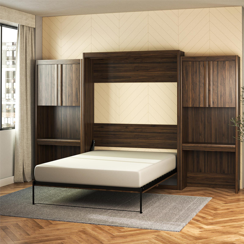 Wexford Murphy Storage Bed with 2 Vanity/Desk Storage Cabinets and Drawers, Queen, Walnut