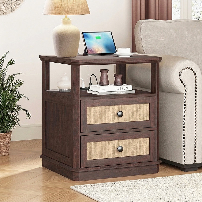  Rattan Nightstands with Storage and Built-in Outlets for Bedroom, 2 Drawers End Side Tables for Living Room,Office, Cherry