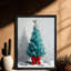 Reproduction encadrée noire rétro d'un arbre de Noël bleu avec un nœud papillon rouge-1007430540