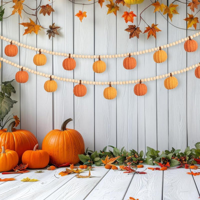 Crochet Pumpkin Garland with Wood Beads, Handmade Fall Pumpkin Decor for Thanksgiving, Harvest, Halloween, Rustic Autumn Home Decoration