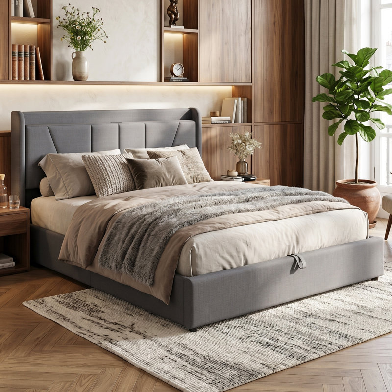 Linen Ottoman Bed with Built-in Cahrging Station, Modern Gas-Lift Storage Bed, Beige/Grey,  EU Double/King 140/160x200cm