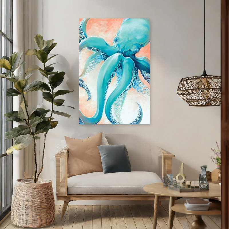 Aigue-marine, pieuvre, pieuvre, art côtier, H 48 po x l 32 po