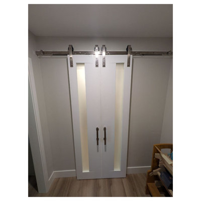 Portes coulissantes invisibles Hidden Barn Planum 0660, peintes en blanc avec vitrage dépoli, finition robuste, style moderne, ensemble Magic Invisible, 30 po x 80 po