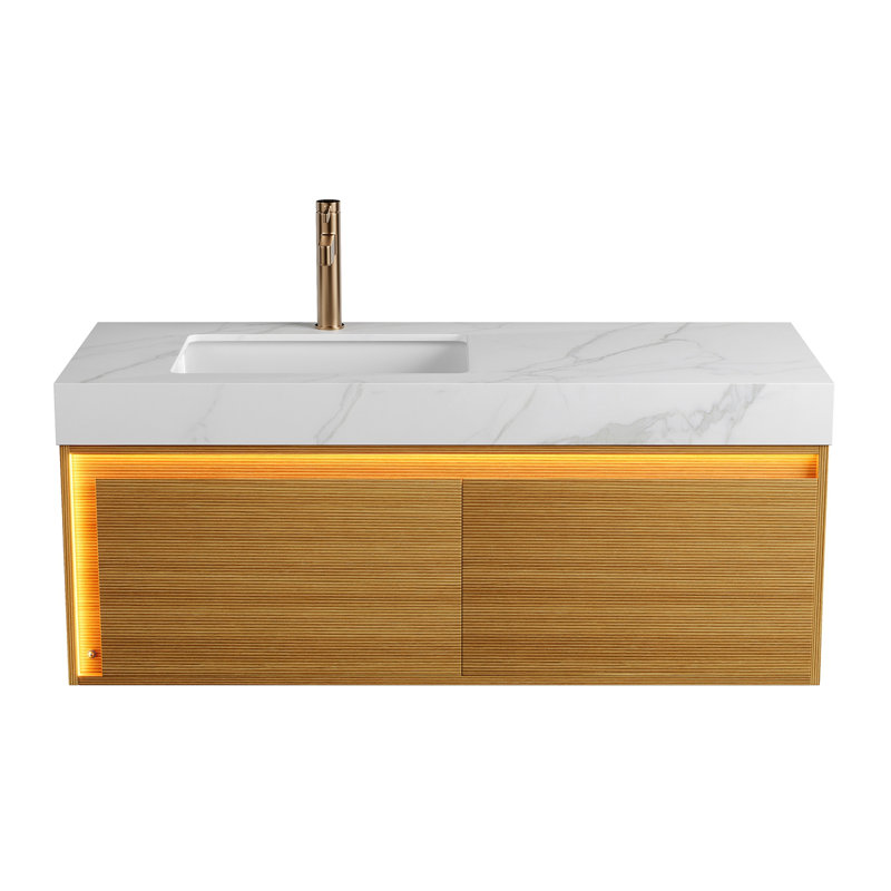 Meuble-lavabo de 48 po pour salle de bain, armoire de rangement flottante ultra-mince en contreplaqué, tiroirs avec capteur de lumière, vasque encastrée en céramique frittée Carrara, pré-assemblée