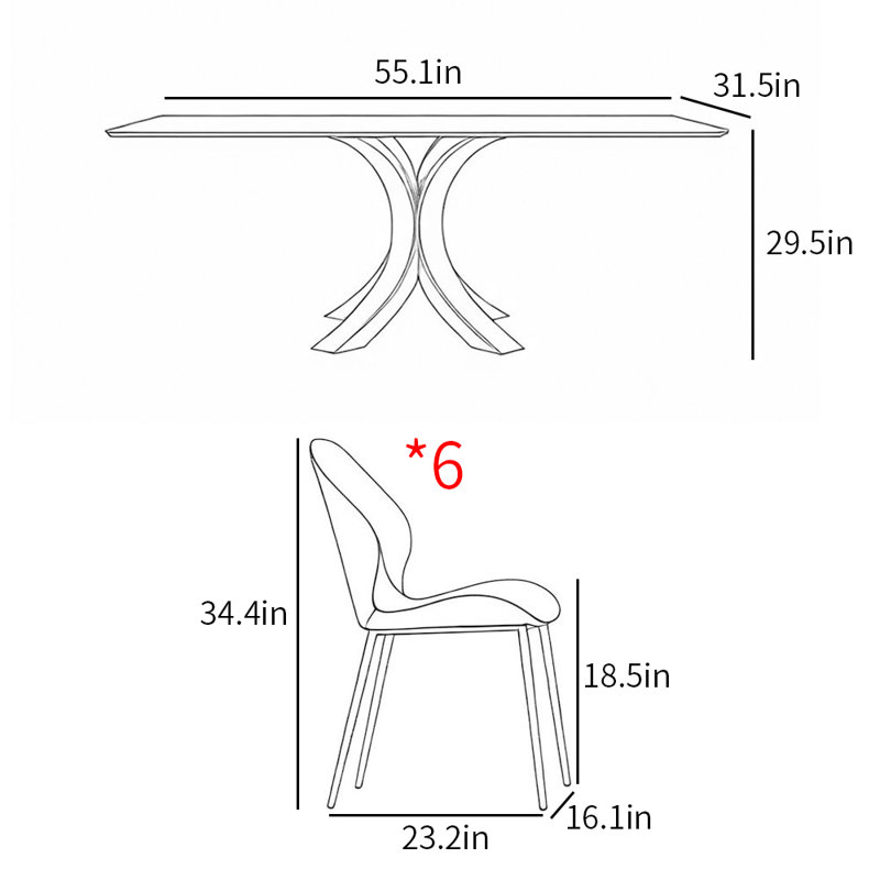 Italian style minimalist home dining table sets, 29.5"H x 55.1"L x 31.5"W