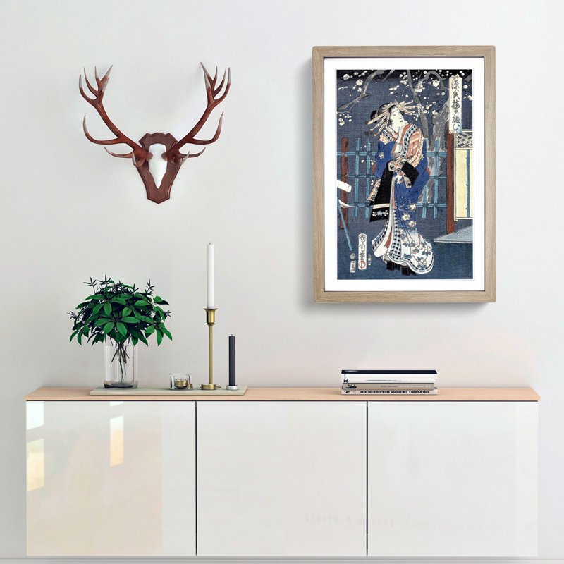 Courtesan with Plum Blossoms by Toyohara Kunichika - Picture Frame Painting Print, 48cm H x 36cm W x 2cm D, Oak Framed