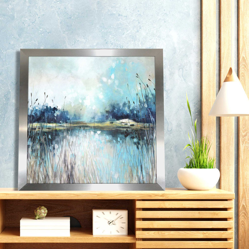 «Lake Views» par Carol Robinson - Peinture, L 25,5 po x H 25,5 po, Encadrement argenté