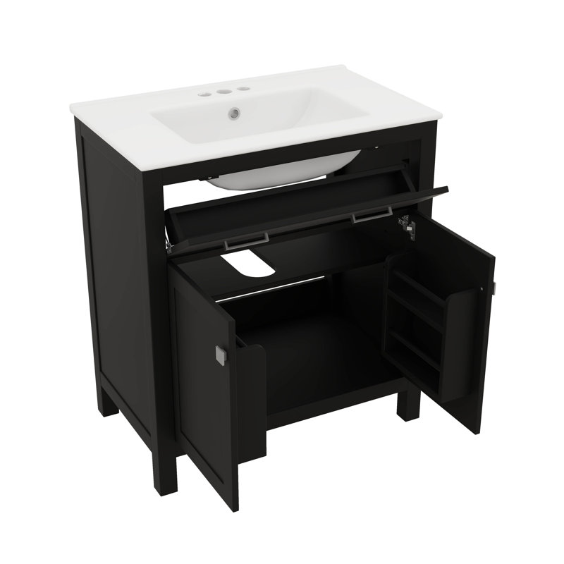 Ensemble de meuble-lavabo double 60 po avec lavabo double 60 po, tablette réglable et portes à fermeture en douceur, Noir