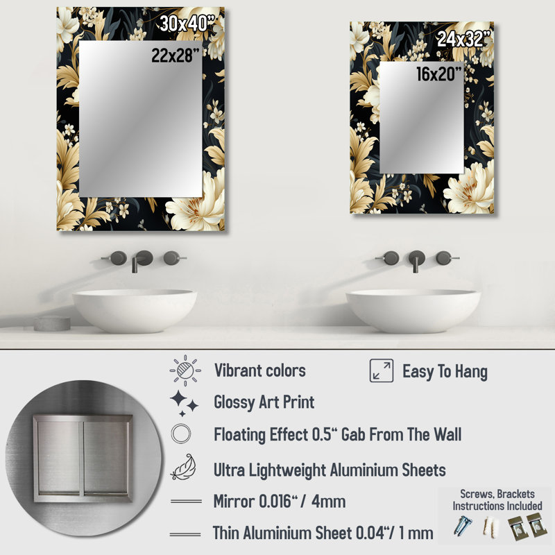Élégance florale grise et blanche de Brettley - miroir floral, miroir mural Cottage, 40 po x 30 po