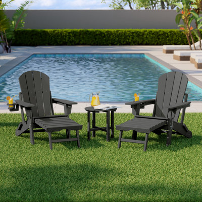 Outdoor Folding Adjustable Adirondack Chair With Hideaway Ottoman & Round Side Table