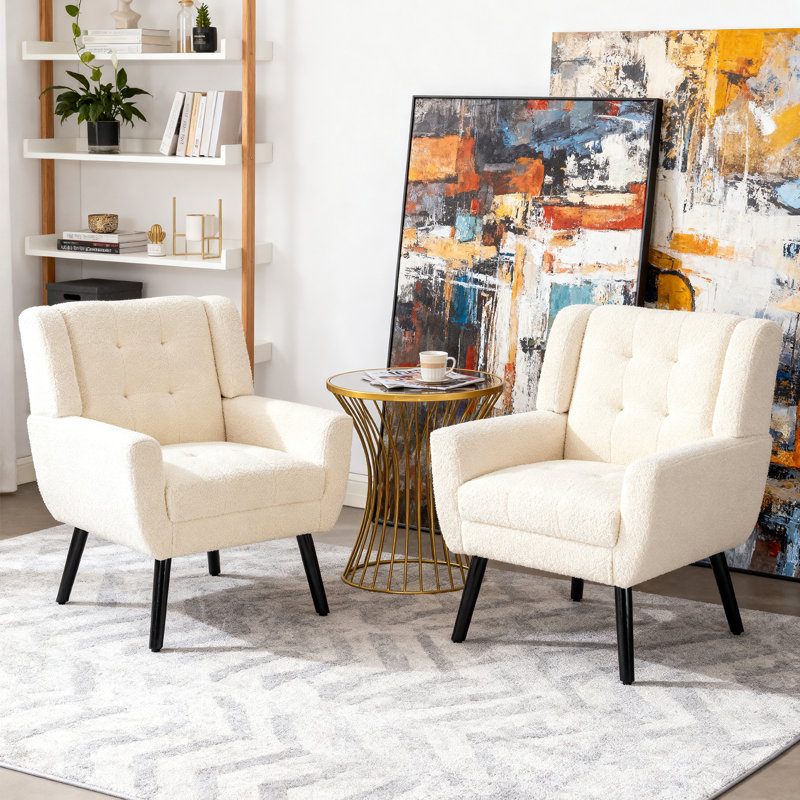 Ensemble de 2 fauteuils capitonnés rembourrés à dossier large, Beige bouclé