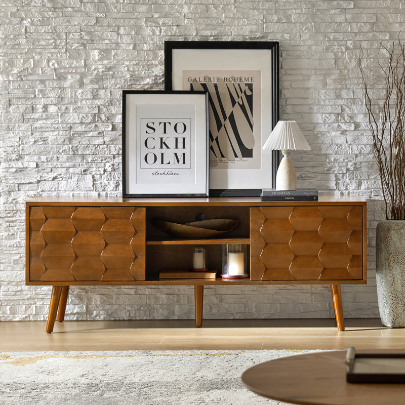 Isabele 63" W Solid and Manufactured Wood TV Stand with Built-In Power Outlets and Cable Management, Acorn