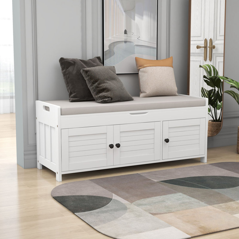 Banc de rangement en bois pour hall d'entrée avec 3 portes à volets, Blanc