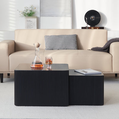 Square Nesting Coffee Table, Wooden Coffee Table, No Need Assembly Modern Fluted Nesting Tables Coffee Tables For  Living Room