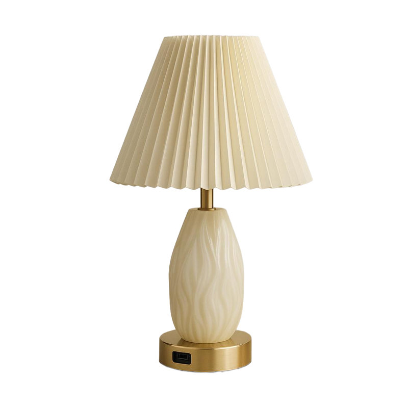 Lampe de table imprimée en 3D avec port de charge USB, lampe de chevet en céramique crème avec abat-jour en tissu plissé, lampe de bureau moderne pour chambre à coucher, salon, bureau