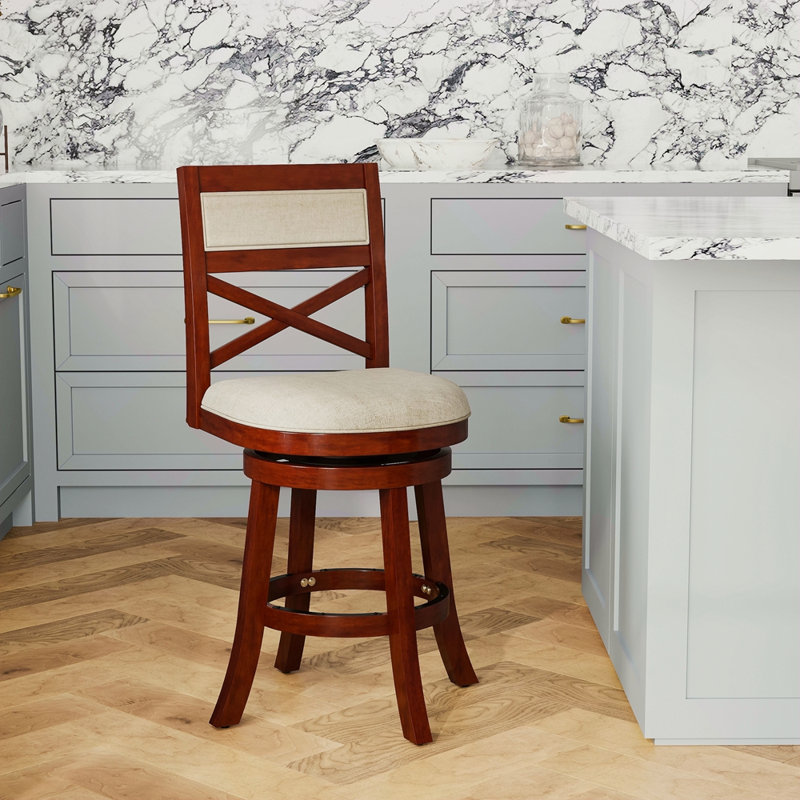 Tabouret pivotant à dossier en X de 24 po de hauteur comptoir, finition cerisier, siège en tissu beige, Brun, Beige