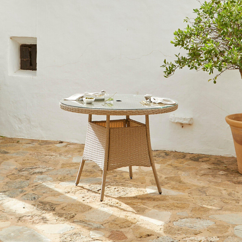Dubose 4 - Person Wicker Patio Dining Set with Round Table , Cushions Included, Brown with Grey umbrella