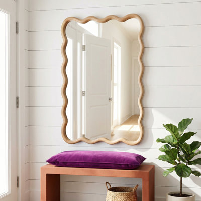20''x30'' Wavy Mirror with Natural Wood Frame & Tempered Glass,  Boho Wall Mirror for Bathroom Bedroom Living Room Entryway
