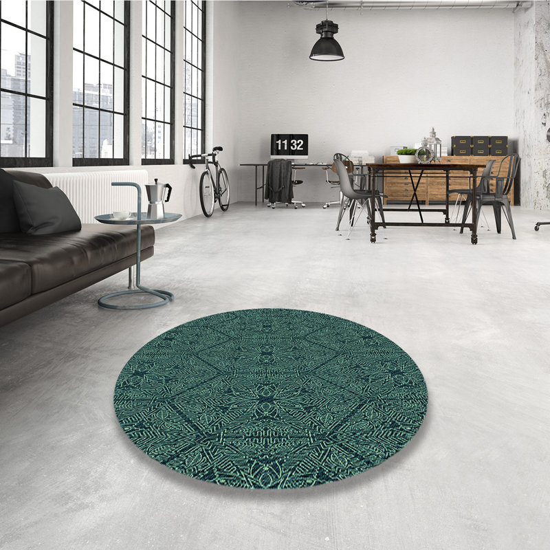 Tapis 100% bleu à motifs lavables à la machine 2989, Rond 7 pi