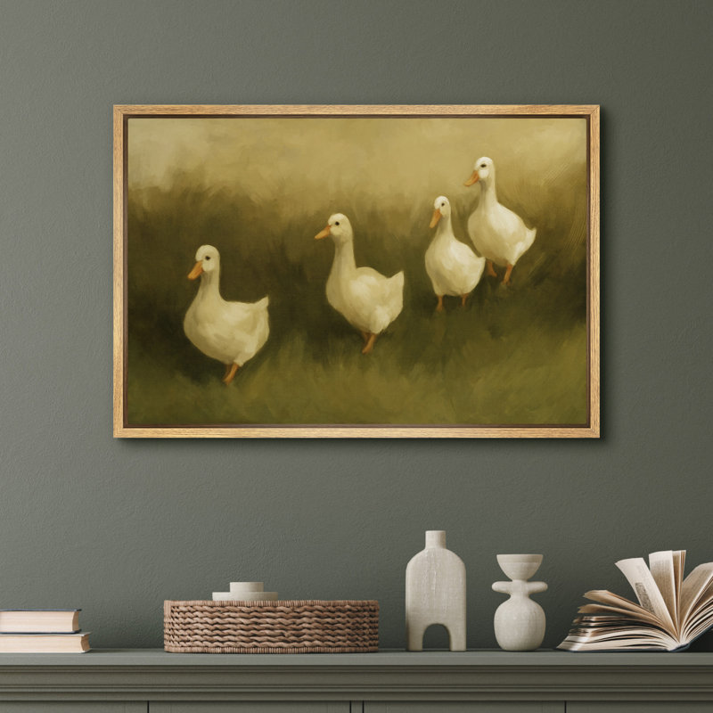 «Marching Ducks», reproduction d'art sur toile - décor de peinture animalière champêtre fantaisiste pour la cuisine ou la chambre de bébé