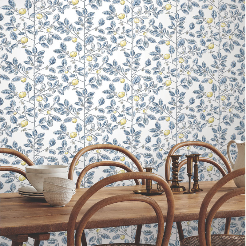Limoncello Toile Floral Wallpaper Roll, Blue