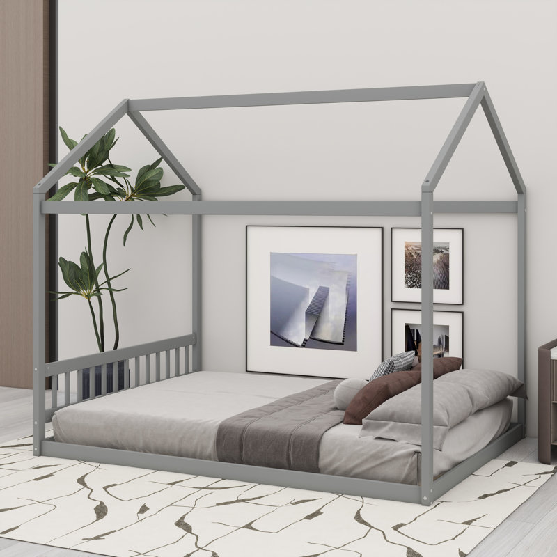 Lit maison en bois avec tête de lit Fun House, Gris
