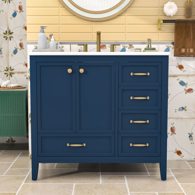 Meuble-lavabo 36 po avec lavabo en céramique, portes à fermeture en douceur et tiroirs de différentes tailles, Bleu