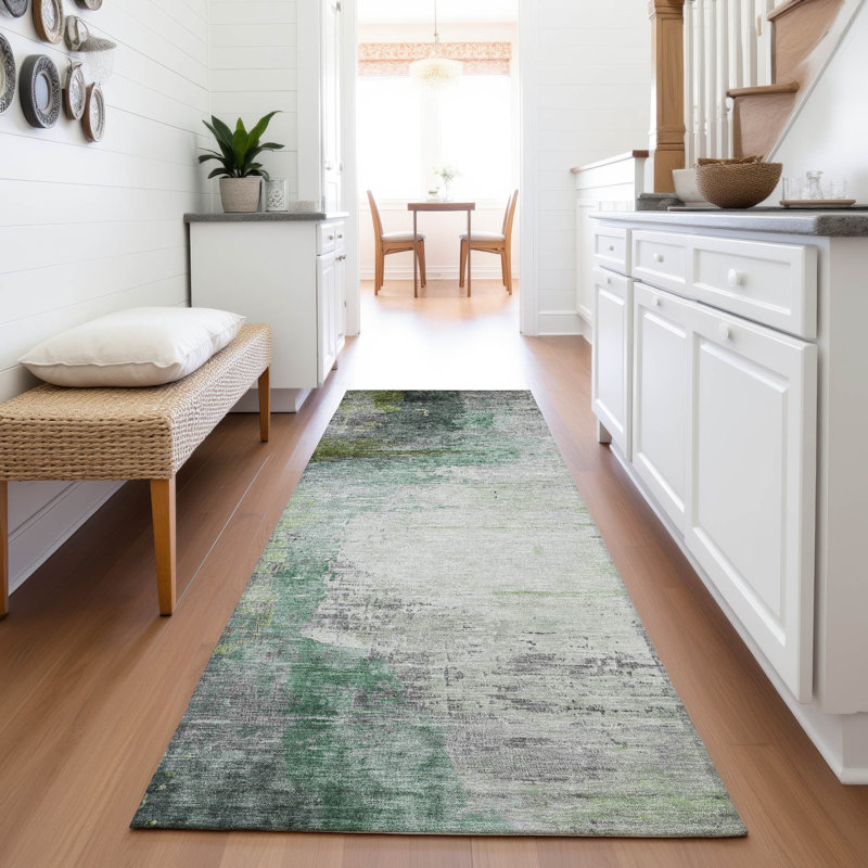 Machine Washable Indoor/Outdoor Xhevrie Green Rug, Runner 2'3" x 7'6"