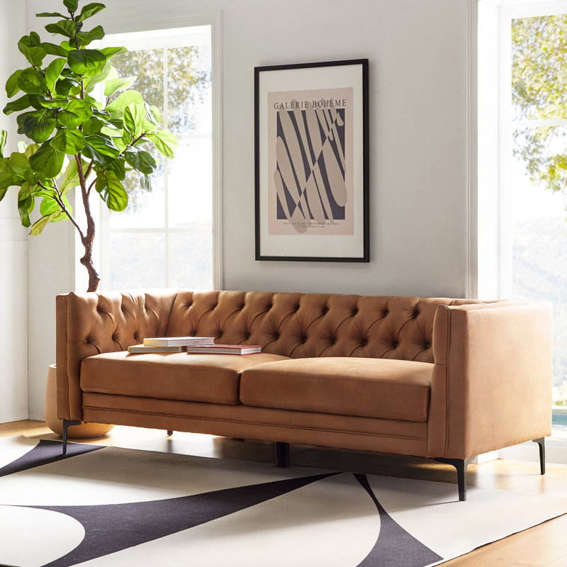Wales Mid-Century Modern 213cm Sofa with Tufted Back, Camel
