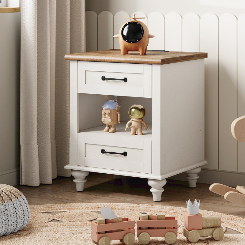 Table de chevet blanc cassé avec station de charge pour chambre d'enfant, Blanc cassé / Brun