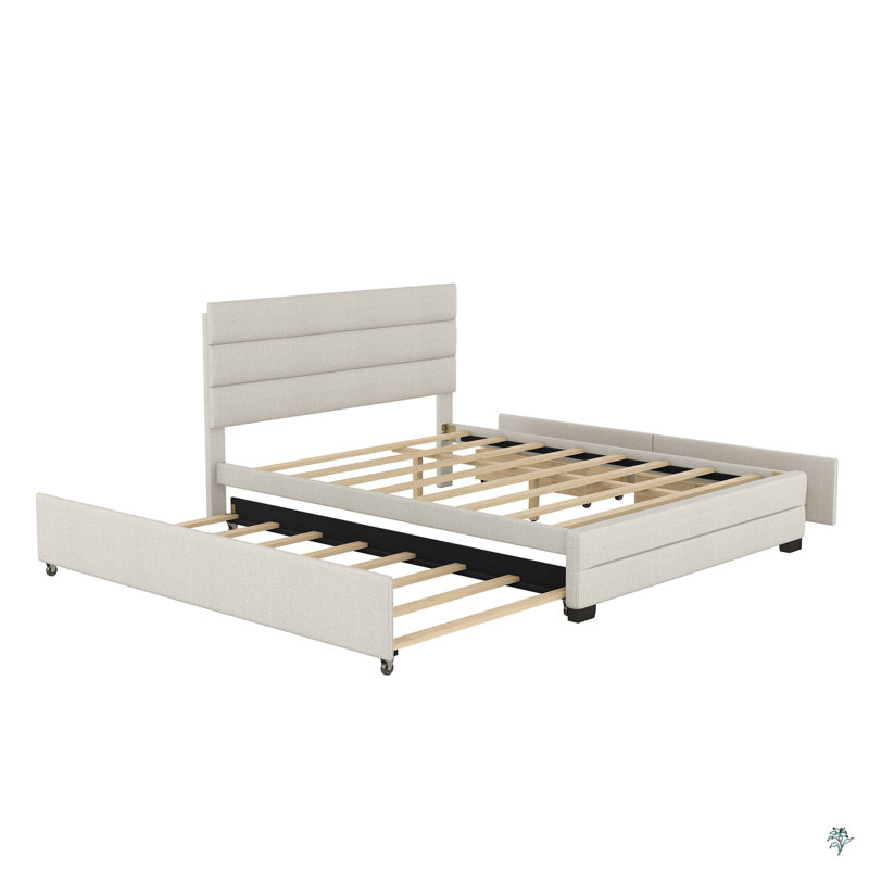 Grand lit plateforme tapissier avec lit gigogne et deux tiroirs, Beige