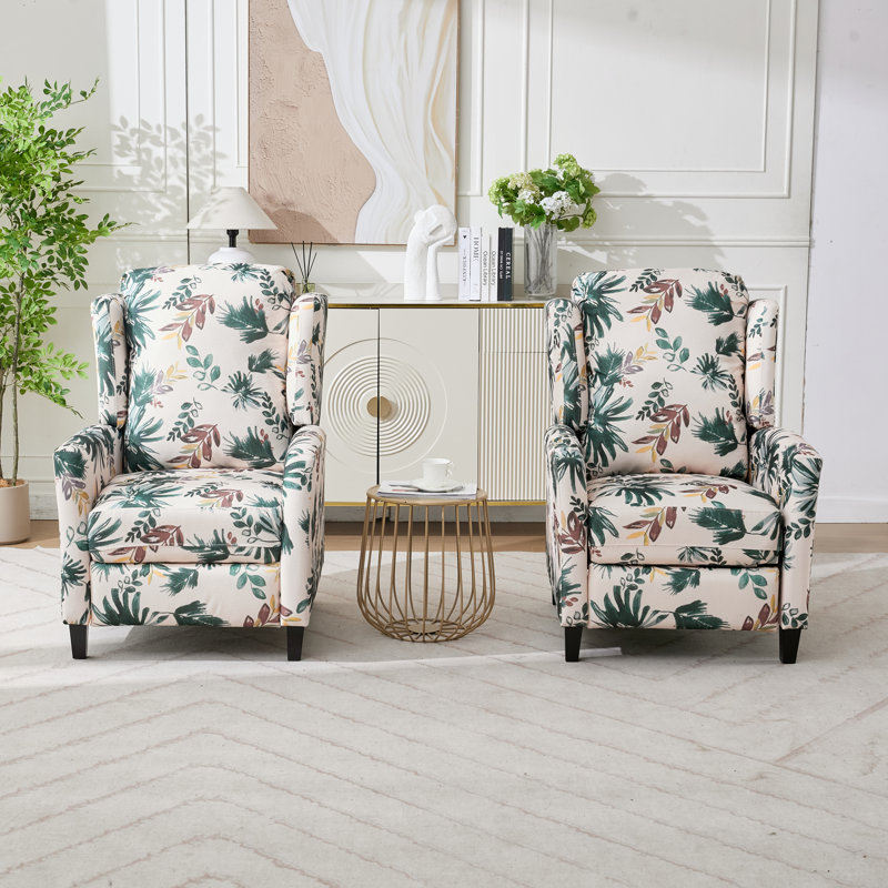 29.16" Wide Floral Print Upholstered Push Back Recliner With Classic Wing Back(Set of 2), Green Floral