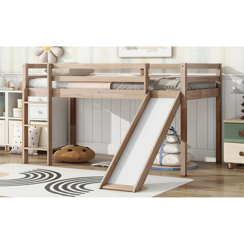 Lit simple mezzanine bas avec glissade, échelle, barrières de sécurité, lit mezzanine simple en bois d'hévéa