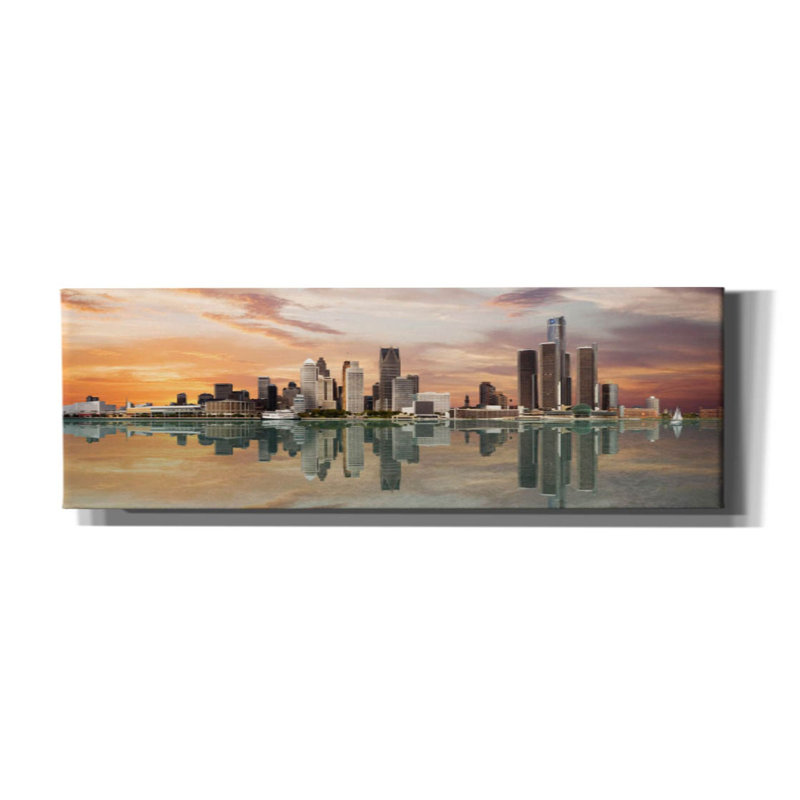 «Detroit Sunset Panorama, Michigan 07 on Canvas» par Monte Nagler, reproduction, H 20 po x l 60 po x P 1,5 po