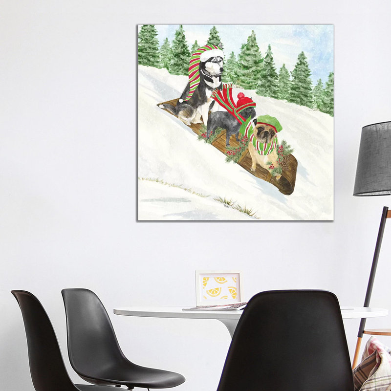 Dog Days Of Christmas III - Sledding by Tara Reed - Wrapped Canvas Painting, 93.98 cm H x 93.98 cm W x 1.91 cm D