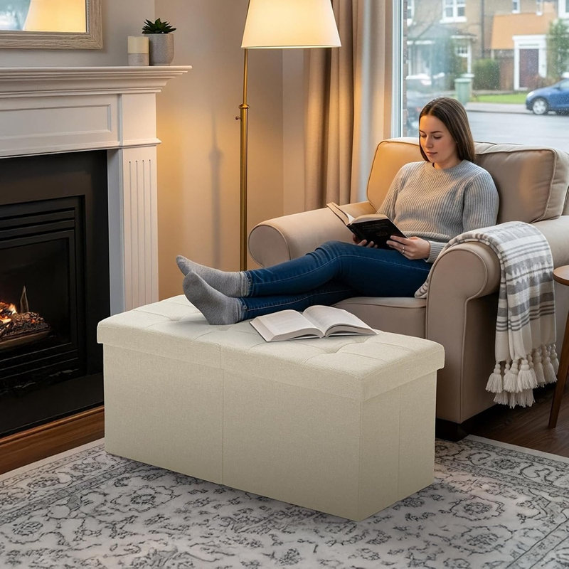 Banc de rangement avec repose-pieds, repose-pieds avec rangement, banc de bout de lit et table basse pour le salon, la chambre à coucher ou le vestibule (beige)
