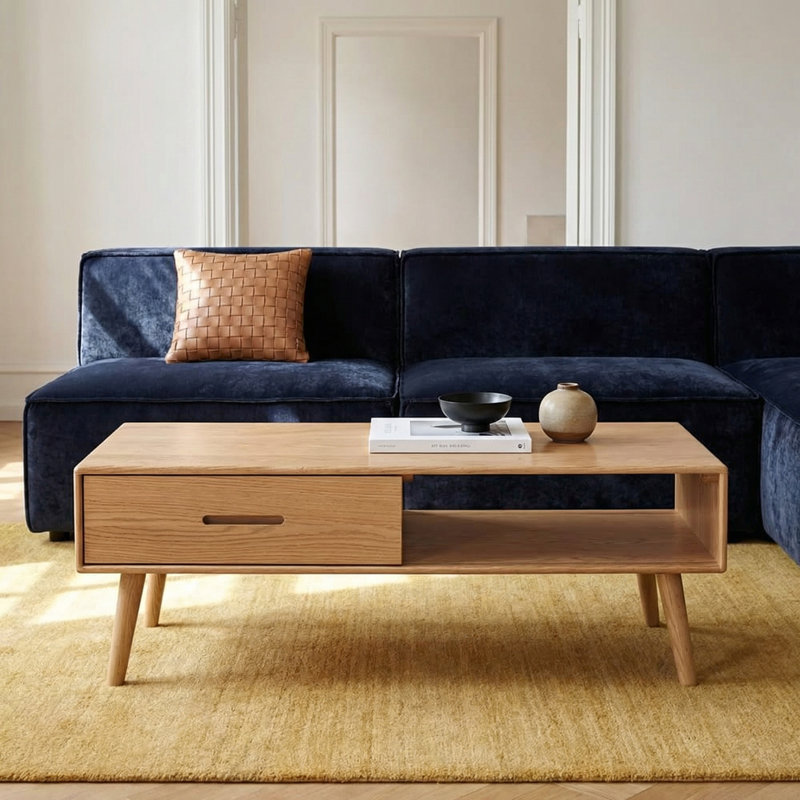 47"W Solid Oak Mid-Century Modern Coffee Table with Drawer, Natural Oak, 16.93" H x 47.24" L x 22.05" W