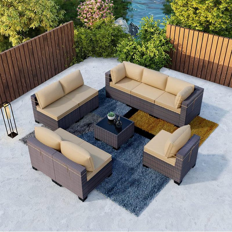 Ensemble de conversation modulaire en rotin 9 pièces avec coussins et table en verre trempé Yasmina, Sable