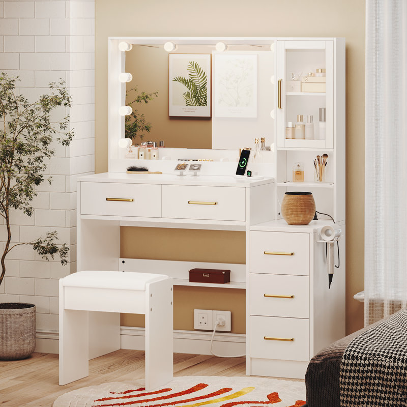 Ensemble de coiffeuse 35 "avec miroir lumineux, prises électriques, 5 tiroirs et armoire, blanc