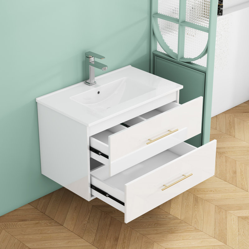 Meuble-lavabo mural 30 po avec lavabo en céramique et deux tiroirs, Blanc