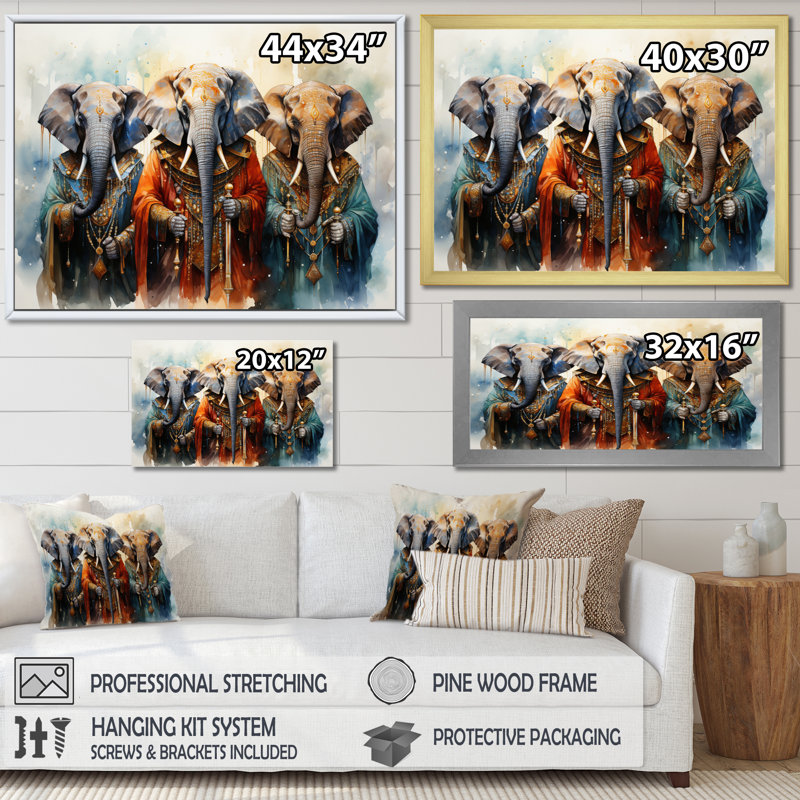 «African Sacred Elephants II», reproduction sur toile, H 12 po x l 20 po x P 1 po, Cadre simple noir