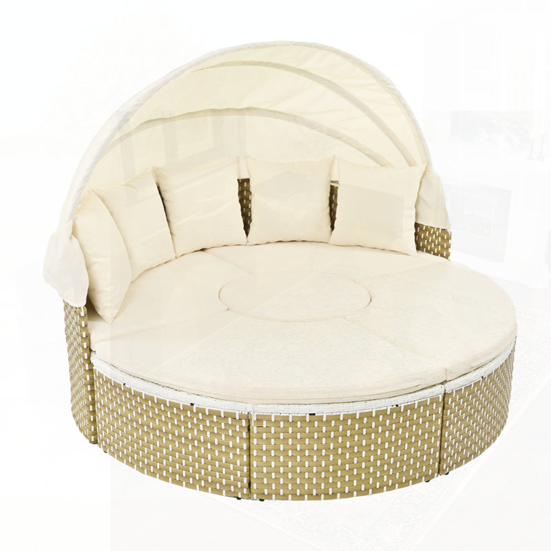 Rattan Daybed Two-Tone Weave Sunbed with Retractable Canopy, Beige, Natural