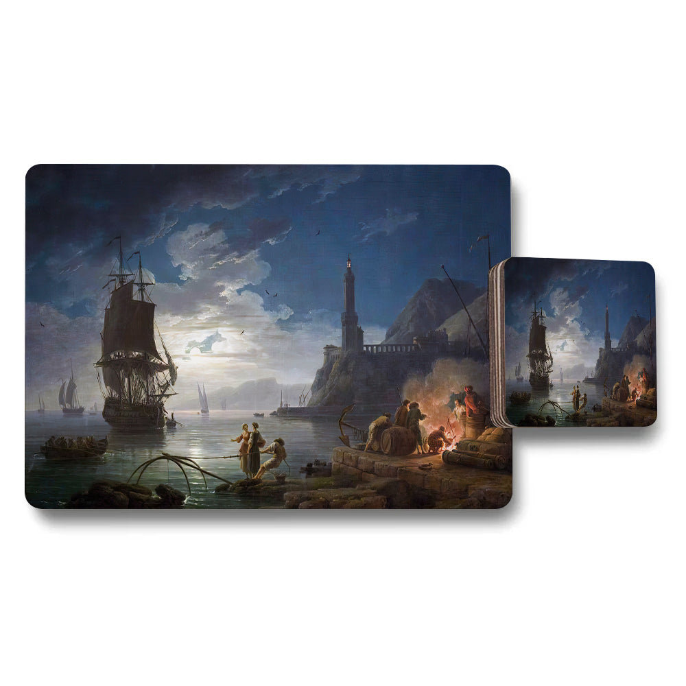 Nautical Harbor Night Scene Placemat And Coaster Set